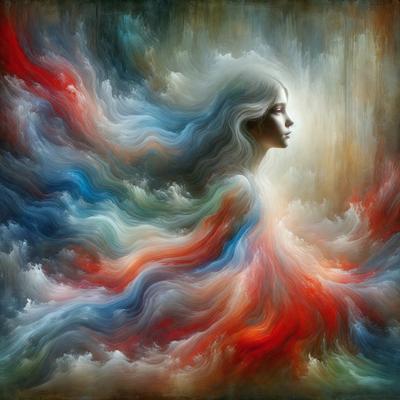 The primary subject of the image is a woman with long hair, who appears to be the focal point of the painting. She is surrounded by a vibrant and colorful background, which includes a mix of red, blue, and white colors. The visual style of the painting is a combination of digital art and illustration, creating a unique and artistic representation of the woman. The overall atmosphere of the painting is lively and captivating, with the woman's presence and the vivid colors creating a sense of depth and movement